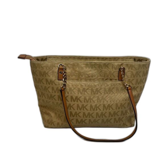 Michael Kors EW Gold Signature Canvas Leather Chain Shoulder Bag Purse Designer - Picture 4 of 12